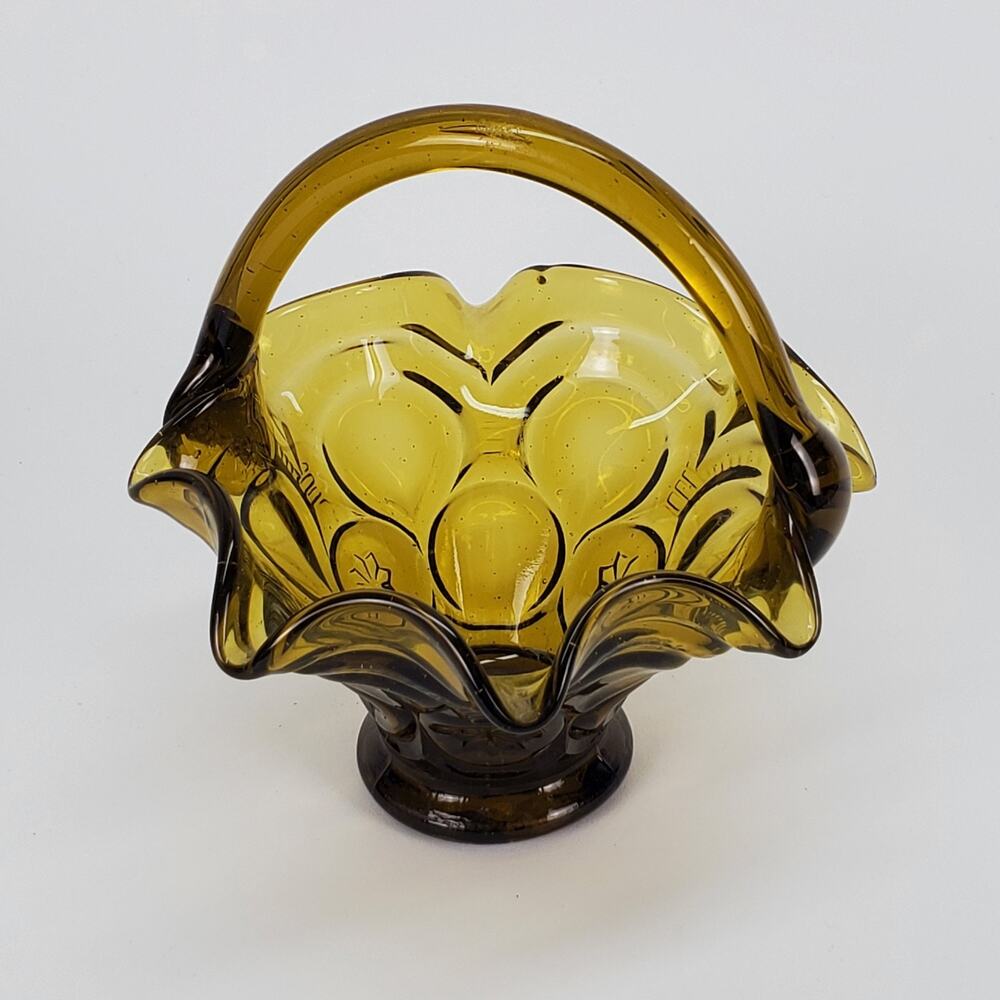Amber Pressed Glass Bride Basket/Candy‎ Dish with Applied Handle Base